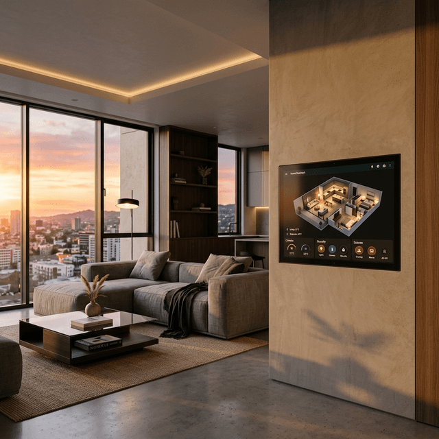 Salón moderno minimalista cunha pantalla de domótica